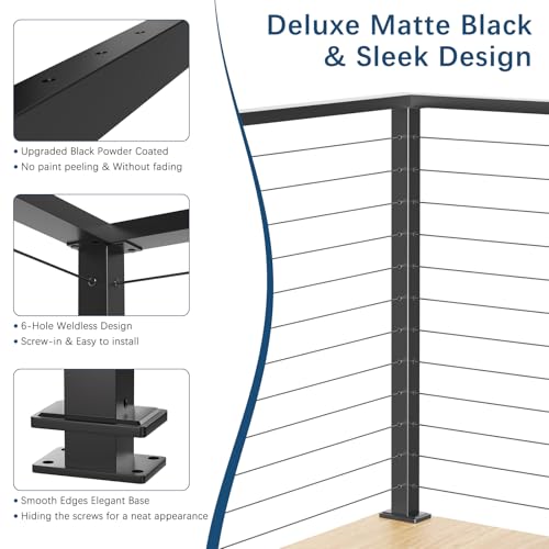 Image of 42 inch L-Drilled Corner Cable Railing Post, Two-Side Holes Stainless Steel T304 Corner Rail Post, Upgraded Black One-Post Corner Solution, Wire Metal Post for Indoor Outdoor Corner Railing