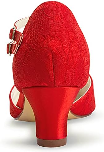 JIAJIA 00968 Women's Bridal Shoes Closed Toe T-Strap 1.9" Block Low Heel Lace Satin Pumps Wedding Shoes Colour Red,Size 10.5 B(M) US/42 EU | Image 6