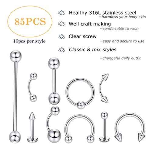 MAYCREATEÂŪ 85 pcs Stylish Piercing Stainless Steel Body Jewelry Set for Women and Men For Lip, Tongue, Eyebrow, Nipple, Belly-Button, Nose Piercings Piercing Art