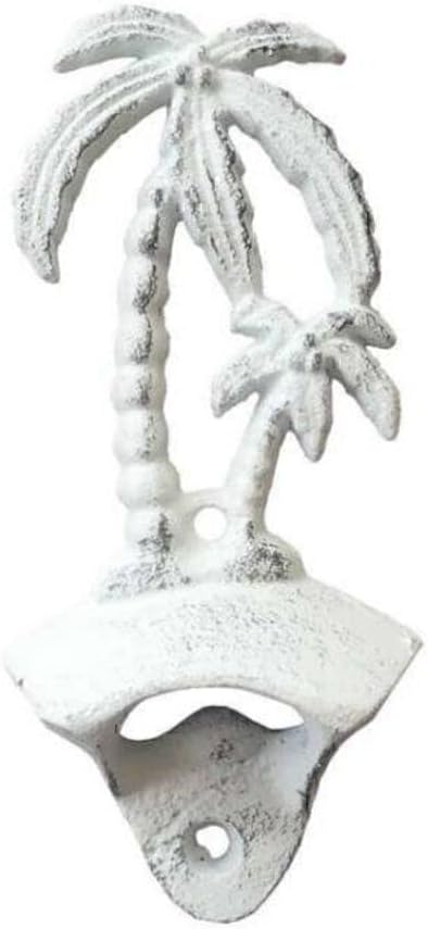 Handcrafted Nautical Decor Rustic Whitewashed Cast Iron Wall Mounted Palmtree Bottle Opener 6" - Antique B