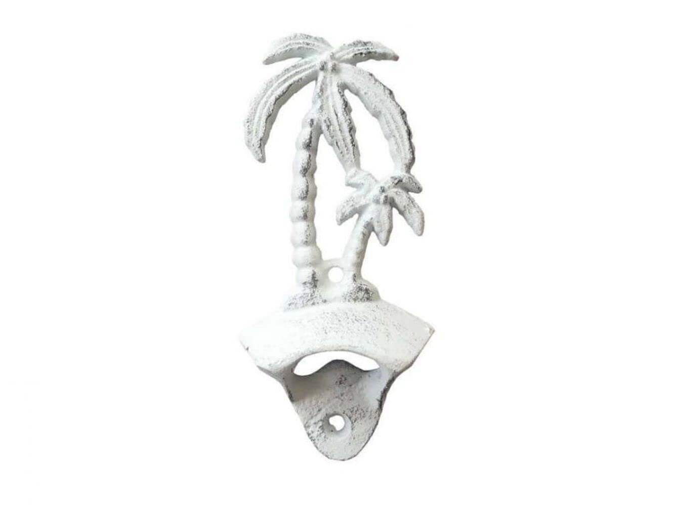 Handcrafted Nautical Decor Rustic Whitewashed Cast Iron Wall Mounted Palmtree Bottle Opener 6" - Antique B