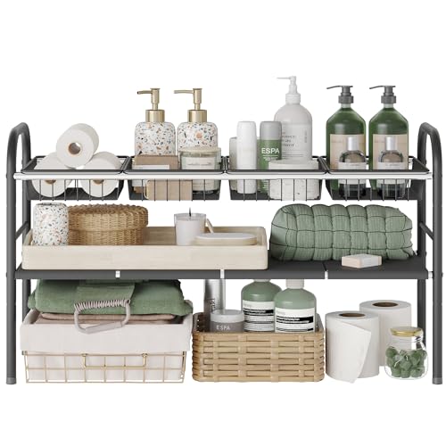 NETEL Estantería extensible para debajo del lavabo, organizador de armario, estante bajo el fregadero para cocina y baño, con 6 paneles y 2 cestas