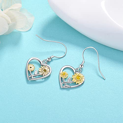 Silver Sunflower Heart Earrings For Women - 925 Sterling Silver Sunflower / Daisy Heart Dangle Earrings, Valentines Mothers Day Christmas Gifts Sunflowers Daisy Heart Dangle Earrings Jewelry For Girls (Sunflowers Heart Earrings) #TOP4