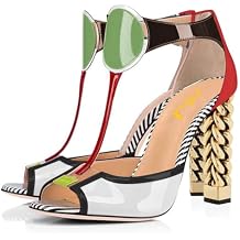 FSJ Women Multicolor Sandals Gold Metal Chain Thick High Heel Open Peep Toe T Strappy Ankle Strap Back Zipper Ladies Comfy Wedding Dress Shoes 4-15 US