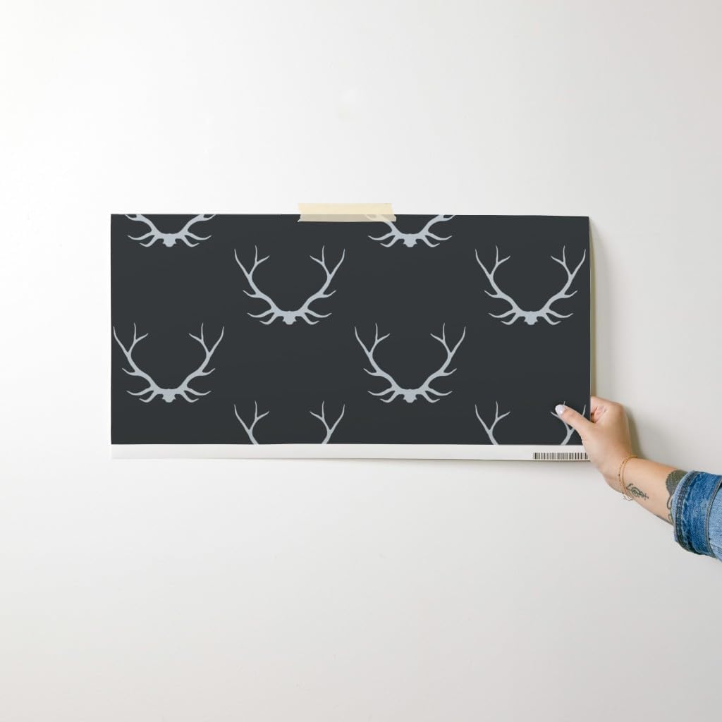 Peel & Stick Wallpaper Swatch - Antlers Black Gray Buck Deer Woodland Lodge Custom Removable Wallpaper by Spoonflower