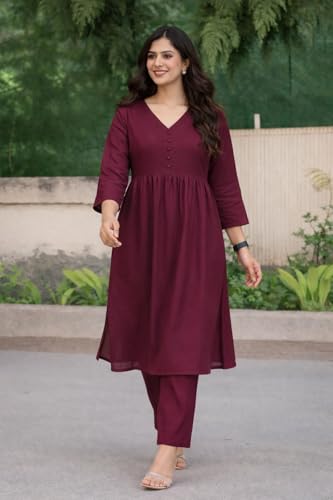 Image of ANILINE Women's V-Neck, Button Front, three-quarter sleeves, Anarkali shape, Empire Waist, Pleated Design Kurta With Pant