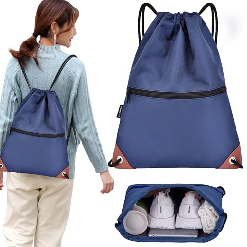 CINY Bolsas con Cordón, Bolsas De Gimnasio, Mochila Deportiva Con Cordón Para Hombres y Mujeres Con Cremallera, Bolsa Impermeable Con Cordón Para Deportes, Playa, Natación, Senderismo(Azul)
