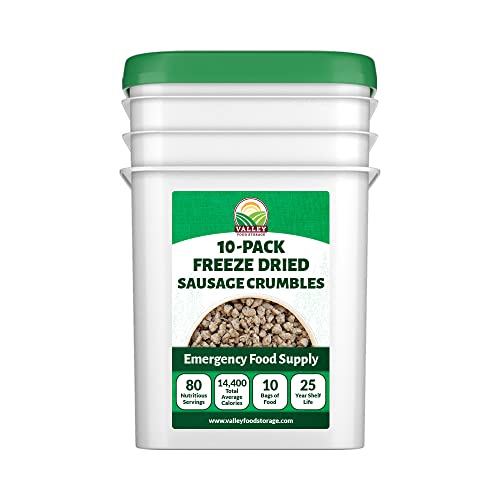 Freeze Dried Sausage Crumbles 10-Bag Bucket, 85 Oz | Premium Emergency Food Supply 25 Year Shelf Life | Prepper Supplies, Survival Food, Off Grid Living Supplies | Valley Food Storage Packaged in USA