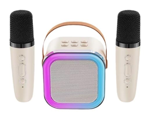 JIMACRO Mini Machines Karaoke con 2 micrófonos inalámbricos, máquina de karaoke con luces LED, altavoz Bluetooth y micrófono para niños y adultos (blanco)