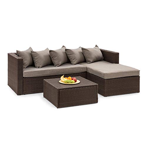 blumfeldt Theia Lounge Juego de Exteriores con sof� - Lote de 2 Piezas: Asientos para la Esquina y Mesa, Coj�n de 10 cm, 5 Cojines, Incluye Lona para la Lluvia y Fundas en marr�n, Rat�n: marr�n
