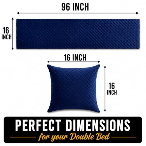 Image of KIB 200 TC Navy Blue Velvet Usey Quilting Bedsheet Runner Set 18x96 Inch with 2 Cushion Covers 16x16 Inch | Bedrunner for Double Bed Soft Luxury Hotel Style Bedding Decoration (Pack 1)
