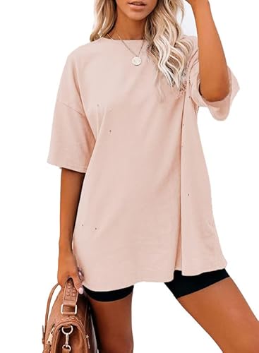 Dokotoo Womens Summer Fashion Short Sleeve Tops Crewneck Cotton Soft Long Tunics Shirts Loose Solid Color Blouse Classic Fit Tee T-Shirt Blouses Pink Xx-Large #TOP20