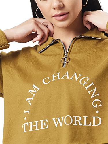 Image of Dolce Crudo Women's Olive Round Neck Full Sleeve Solid Boxy Printed Crop Sweatshirt