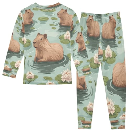 Pajama Sets Long Sleeve Swimming Capybara Pattern Soft Comfy Sleepwear 2 Piece PJS 3-8T3