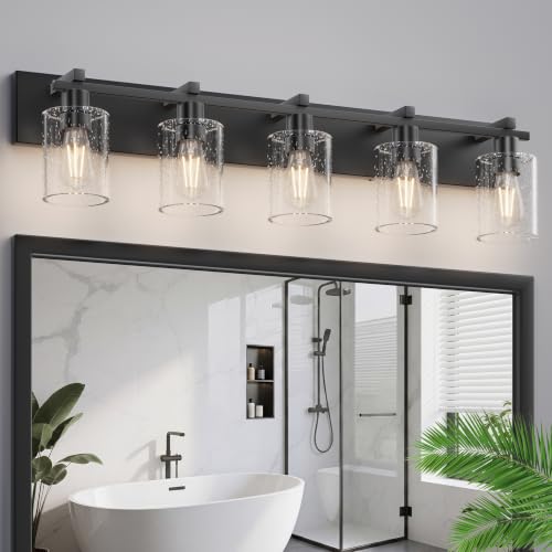 Image of 5-Light Bathroom Light Fixtures, Bubble Black Modern Vanity Lights with Clear Glass Shade, Wall Sconce Lighting for Mirror Kitchen Living Room Hallway Cabinet Porch