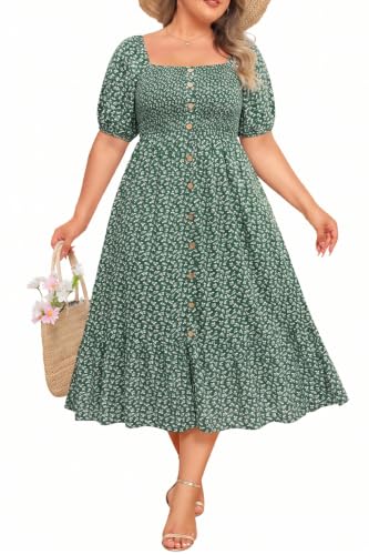 Plus Size Green Floral Summer Dress - Casual Boho Midi Dress for Women