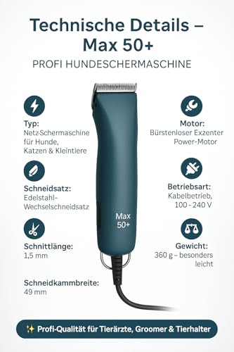 Rotschopf24 Edition: Profi Hunde Schermaschine MAX 50+ mit 8 extra Metallaufsteckkämme + Tasche. Stärker als Moser MAX50