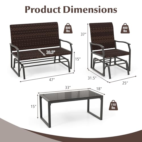 Image of Tangkula 4 Pieces Patio Gliding Set, All Weather Resistant Wicker Swing Glider Set w /Tempered Glass Coffee Table, Rattan Seat w /Quick Dry Foam, Rocking Chair Set for Backyard, Poolside, Front Porch