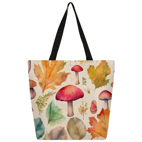 Watercolor Leaf Mushrooms Large Capacity Canvas Tote Bag Stylish Handheld Shoulder Bag Reusable Shopping Bag for Work Travel Beach Trips Shopping