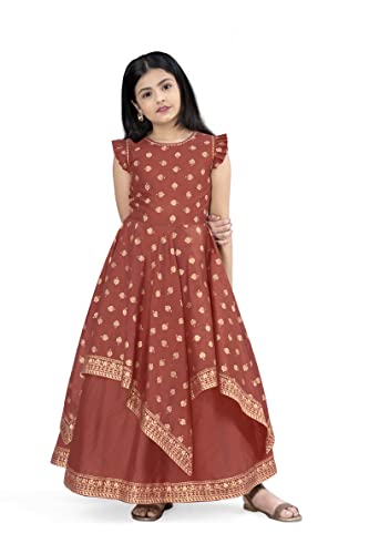Image of Fashion Dream Girls Crepe Silk Maxi Length Foil Printed Dress|Maxi Dress|Long Dress|Printed Dress|Foil Printed Dress(Rust 13-14 Year)