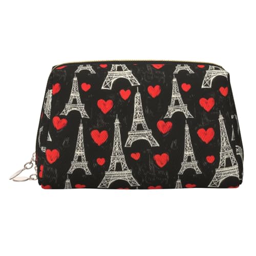 Heart Eiffel Tower Print Makeup Bag, Cosmetic Bags Travel Toiletry Bags for Women, Large Capacity Leather Makeup Case Make Up Bag Organizer, Cute Make Up Pouch