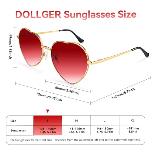 Dollger Red Heart Shape Sunglasses for Women Metal Fame Heart Glasses Rave Fun Shades Party Festival Favor