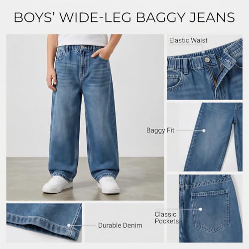 VBTAPA Bootcut Jeans Boys Baggy Jeans Streetwear Trendy Wide Leg Denim Pants Straight Leg Elastic Waist Loose Denim Pant with Pockets 2026 Blue 5 Years - image 7