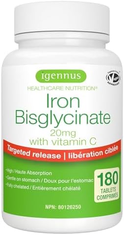 Igennus Clean Iron Bisglycinate 20mg with Vitamin C, 6 Month Supply, Chelated Form and Gentle on the Stomach, High Absorption & Targeted Release, One-a-Day, 180 Vegan Tablets, Suitable for Women & Men