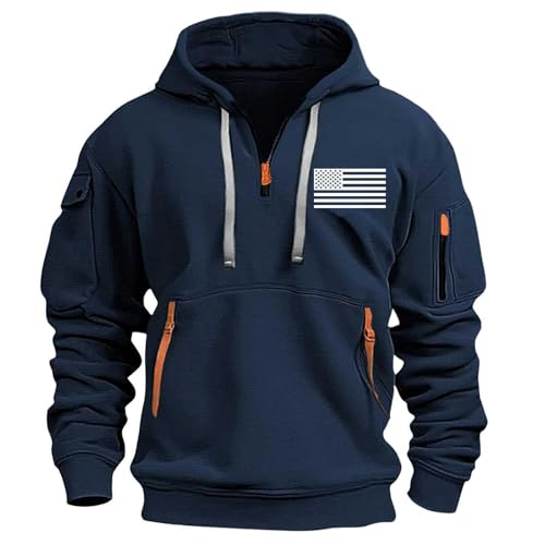 KGKLKAX tactical sweater Tactical Hoodies for Man Quarter Zip Pullover Long Sleeve Vintage Workout Hiking Sweatshirts with Multiple Pockets mens half zip hoodie usa flag print Navy-Flag XL