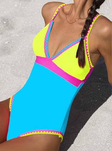 Image of popvil Women One Piece Swimsuit Colorblock Ruched Bathing Suit | Adjustable slider straps, Multi neon trim, Long torso, Detachable padding, Quick dry fabric, Beach Vacation