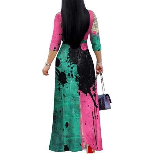 Image of PinkPatty Women's Print Maxi Dresses 3 /4 Sleeve Flowy Long Dress V Neck Wrap Tie Waist Sundress