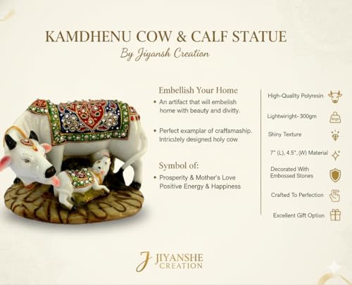 Image of JIYANSH Creation Kamdhenu Cow and Calf Statue for Home Decor - Handcrafted Polyresin Marble Finish Vastu Showpiece for Living Room Pooja Mandir - Large 6 Inch (White Gold)