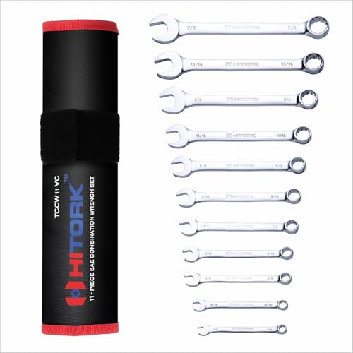 HITORK 11-Piece SAE Wrench Set (1/4” to 7/8”) With Roll Pouch. Features CRV Material, Mirror Chrome Polish, 15° Angled Open End, 12-Point Box End, & Meets ANSI Standards