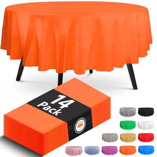 Premium Round Orange Plastic Tablecloth - 84 x 84 in. Disposable Plastic Table Cloth - Smooth Decorative Table Cover - For Parties, Weddings