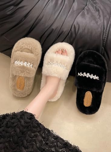 Autumn Winter Fluffy Pearl Slippers for Outdoor Lovely Bedroom Open Toe Slippers Elegant House Shoes for Women2