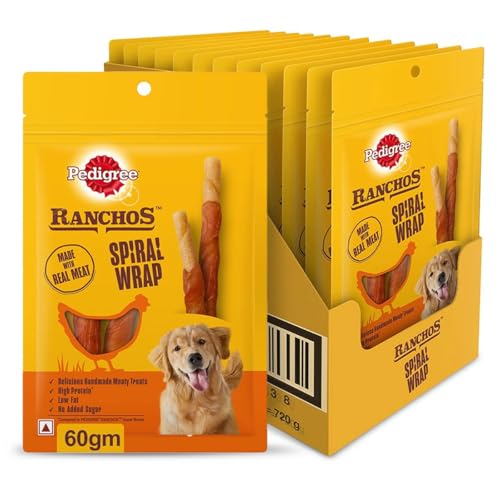 Pedigree Ranchos Spiral Wrap (1+ Years) Dog Treats, Chicken & Smokey Lamb Flavour, 60 g (Pack of 12), Rich in Protein & Low in Fat With No Added Sugar