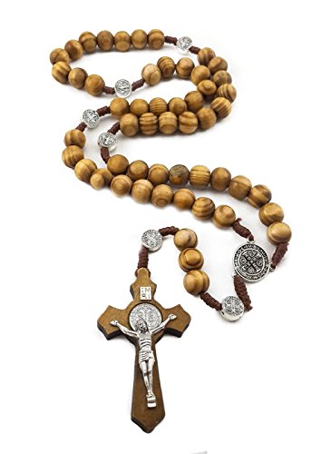 Nazareth Store Wood Beads Rosary Necklace Saint Benedict Medal & Catholic Cross Religious Prayer Chaplet String Handmade - Velvet Bag
