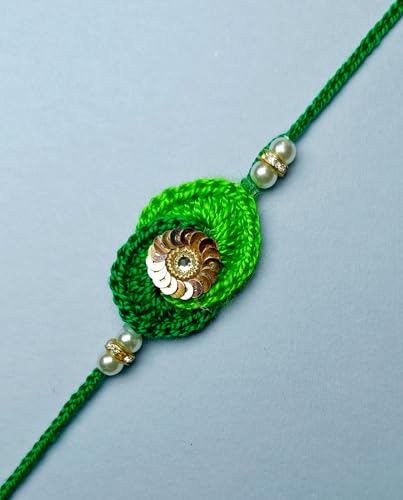 Image of Designer Sequin Crochet Rakhi For Brother Men Boys | Handcrafted With Soft Thread | Sequin Rakhi For Men Brother Boys | Green Colour | Buy 2 Save 20% | Buy 3 Save 30%