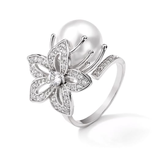 GleaMora Grande Fleur Imitation Perles Or Argent Anneaux pour Femmes Bague Fête Bijoux Romantique Doux Élégant Léger Bague de Luxe