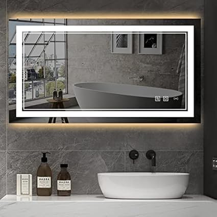 Image of LED Bathroom Mirror | Front 3-Color Light & Warm Back Glow | Dimmable, Defogger, Memory Function | Modern Vanity Wall Mirror (60x90 cm)