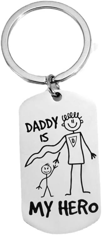 Daddy Is My Hero Keychain for Dad, Stainless Steel Dog Tag Key Ring for Father Gift
