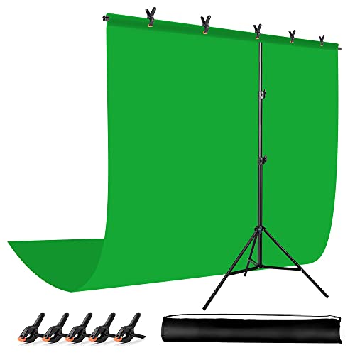 JEBUTU Green Screen Backdrop with Stand for Streaming, 6.5X 10ft (WxH) Protable Green Screen with 6.3 x 6.5 ft Stand kit, Greenscreen Background with Stand Carrying Bag 5 Spring Clamps