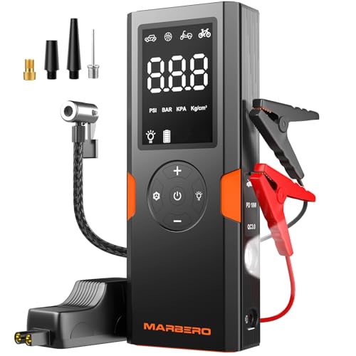 Portable Car Jump Starter with Air Compressor 4500A 12V MARBERO Portable Car Battery Booster Pack 10L Gas/8L Diesel 150PSI Auto Off Tire Inflator Jump Box with Digital Screen, Flashlight, Power Bank