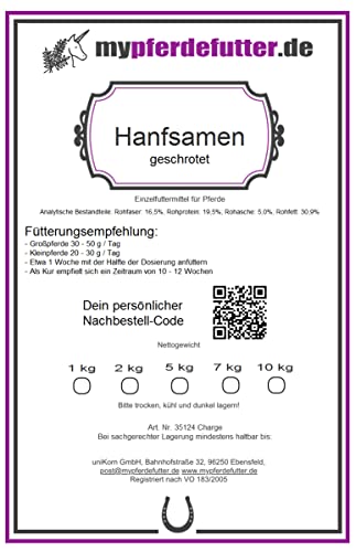 mypferdefutter Hanfsamen geschrotet - 100% Hanf PUR für Pferde ohne Zusätze - unterstützt Atemwege, Haut, Fell & Gelenke - enthält ungesättigte Fettsäuren (Omega 3 & 6)… (3000 g)