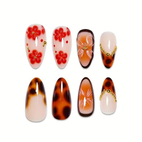 Image of Flower Press on Nails French Tip Fake Nails Leopard Print Glue on Nails with Gold Design Medium Almond False Nail Glossy Full Cover Brown Stick on Nail for Women Girls Manicure 24Pcs