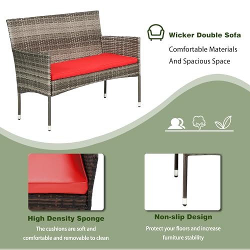 Image of PayLessHere Outdoor Furniture Set 4 Pcs Modular Patio Furniture Set Water Resistant Conversation Set with 3 Rattan Chairs 1 Tempered Glass Topped Table for Patio Poolside, Gray Wicker /Red Cushions