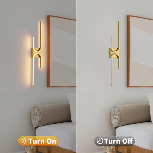 Image of Battery Operated Wall Sconce with Remote Control, USB Rechargeable Wireless Wall Sconce Set of 2, LED Dimmable Wall lamp, 3 Color /Timer /Memory, Gold Wall lights for Bedroom Living Room, 31.5 inch