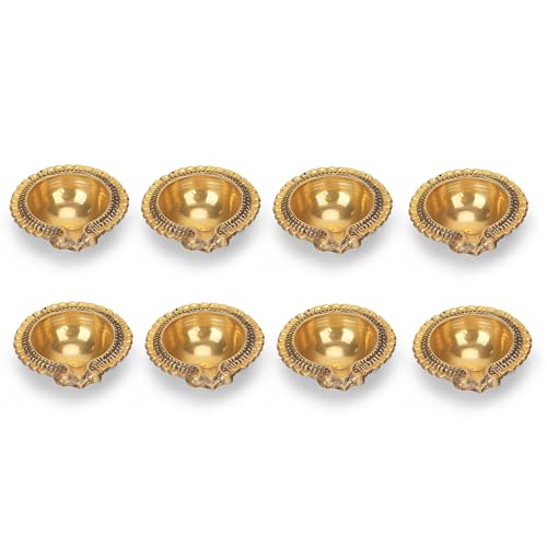 4our Faith Kuber Diya Deepak - Set di 8 lampade a olio tradizionali fatte a mano, per Diwali Pooja e decorazione della casa, in ottone vergine, perfette per feste