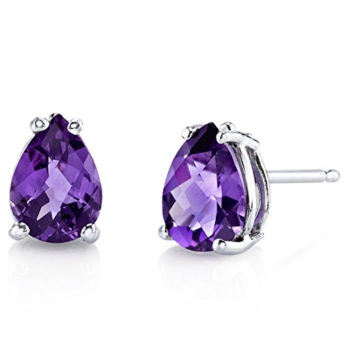 Peora Solid 14K White Gold Amethyst Earrings for Women, Genuine Gemstone Solitaire Studs, 7x5mm Pear Shape, 1 Carat total, Friction Back, Hypoallergenic Gold Stud Earrings,