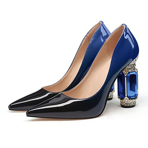 Image of JANSEVEN Women Chunky Heels Pumps Crystal Block Heels with Rhinestones Pointed Toe Sexy Gradient Patent Leather Slip on Bridal Party Wedding Dress Shoes 5-13 M US